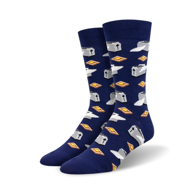 whimsical blue crew socks featuring toasters and buttered toast.   