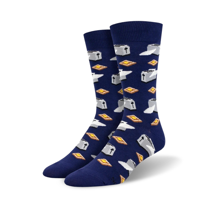 whimsical blue crew socks featuring toasters and buttered toast.    }}