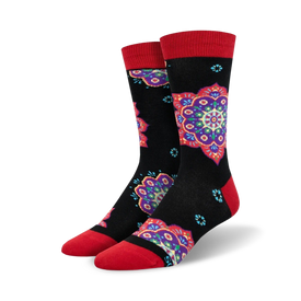 mens black crew mandala patterned socks with red toes and heels  