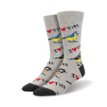 Pair of crew socks, grey and blue, with a pattern of blue tits and the phrase 'I Heart Tits'.