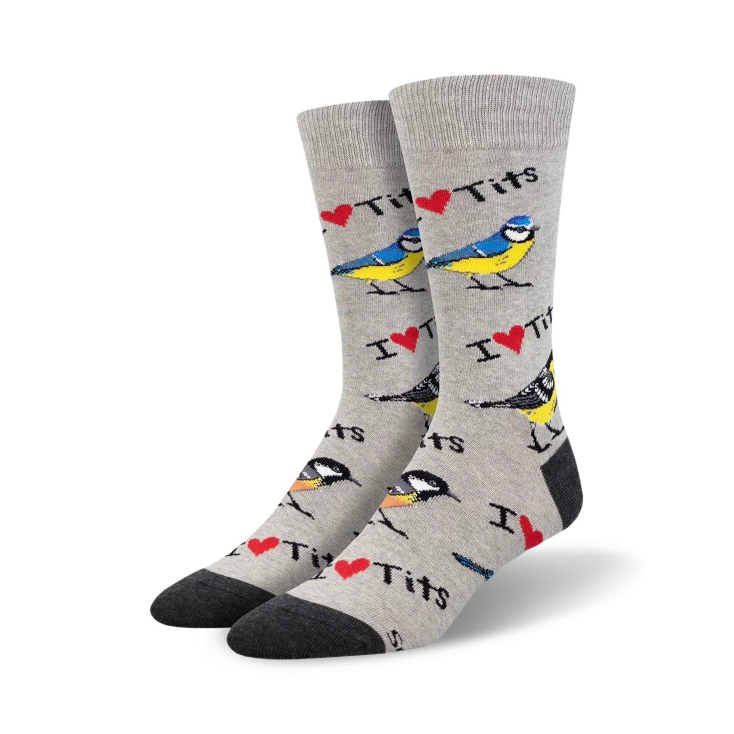 Pair of crew socks, grey and blue, with a pattern of blue tits and the phrase 'I Heart Tits'.