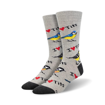 men's i heart tits gray crew socks with blue and yellow bird pattern.  