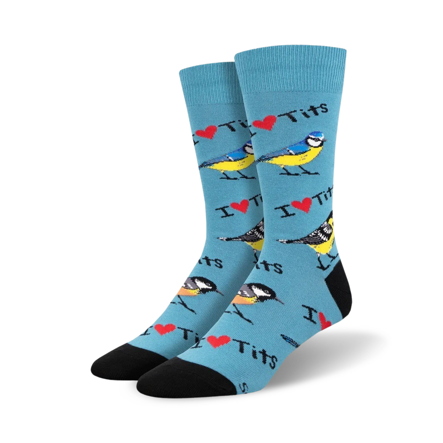 Lifestyle shot showing the teal 'I Heart Tits' socks on a person's feet.