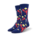 Pair of navy blue crew socks with a fun lobster dinner design. Features red lobsters, yellow lemon slices, and crab crackers.