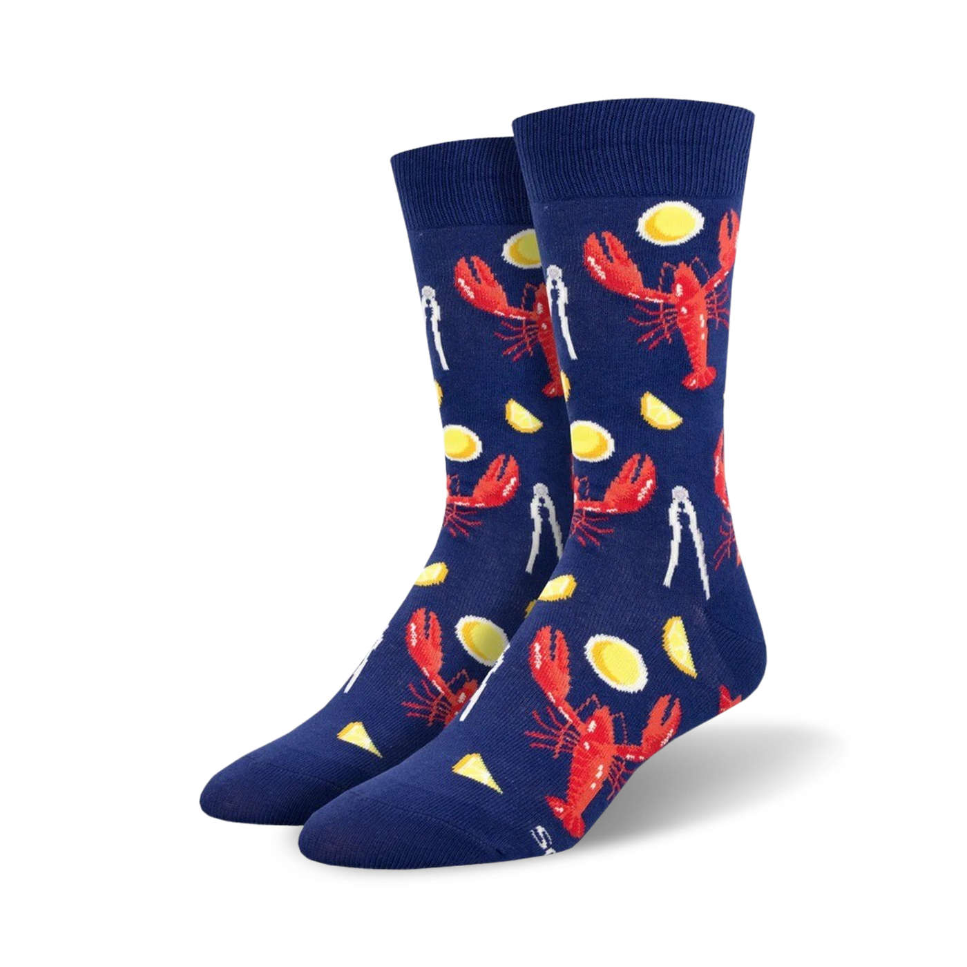 Pair of navy blue crew socks with a fun lobster dinner design. Features red lobsters, yellow lemon slices, and crab crackers.