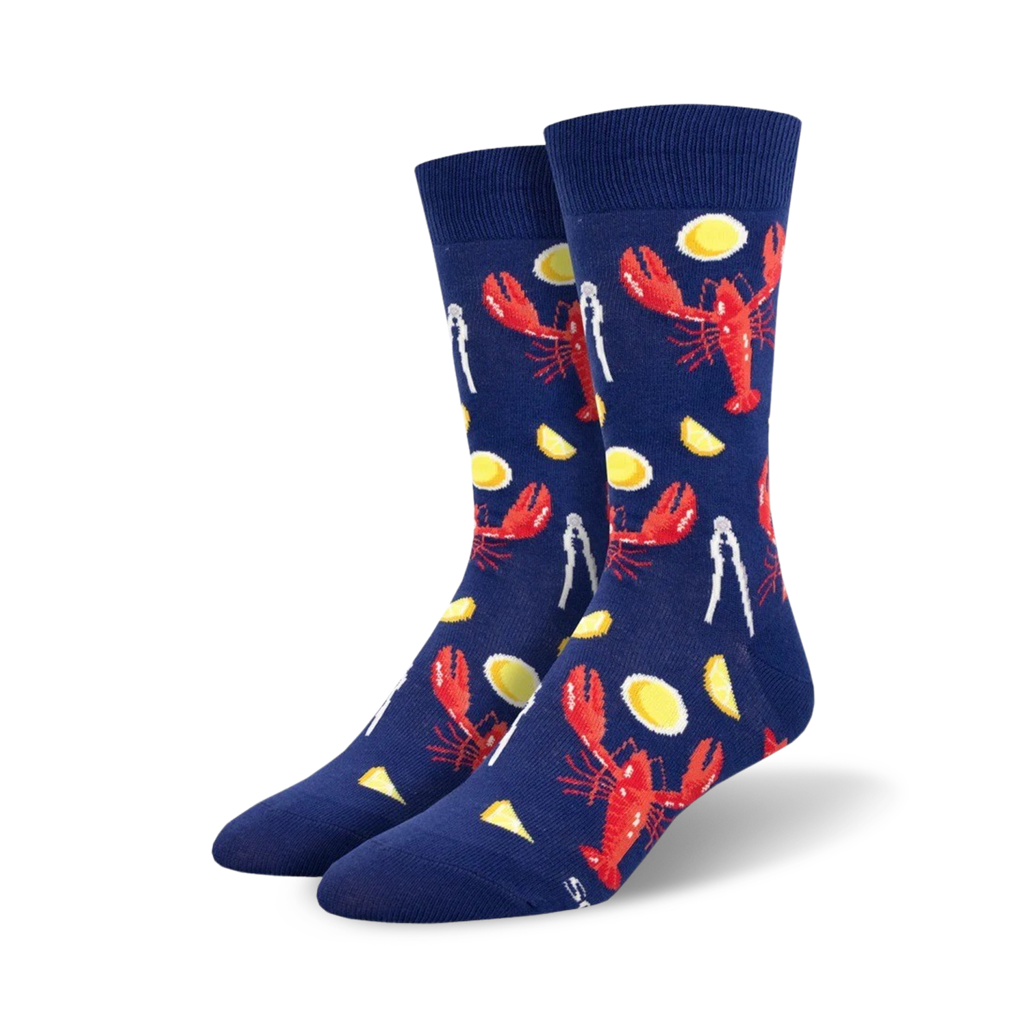 Pair of navy blue crew socks with a fun lobster dinner design. Features red lobsters, yellow lemon slices, and crab crackers.
