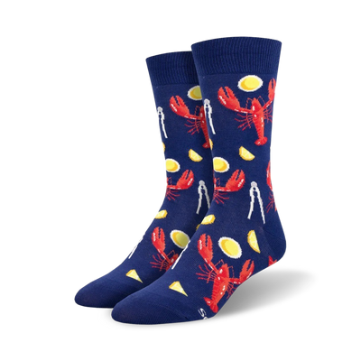 dark blue crew socks with red lobsters, yellow lemon wedges, and silver lobster crackers pattern.  