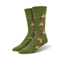 Pair of olive green crew socks with a repeating pattern of brown armadillos. Fun and quirky design.