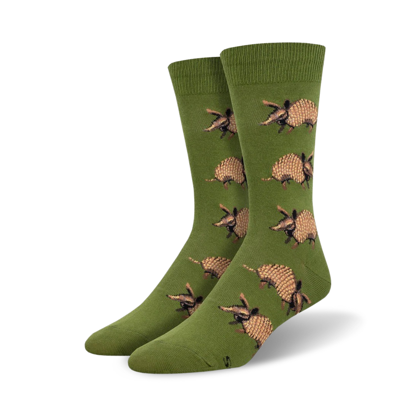 Pair of olive green crew socks with a repeating pattern of brown armadillos. Fun and quirky design.