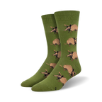 Pair of olive green crew socks with a repeating pattern of brown armadillos. Fun and quirky design.