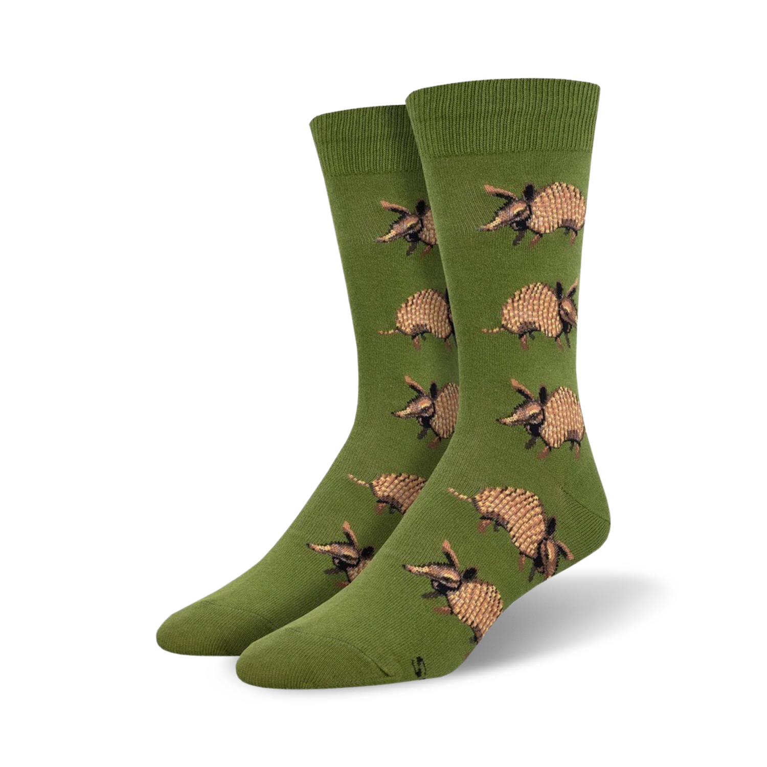 Pair of olive green crew socks with a repeating pattern of brown armadillos. Fun and quirky design.