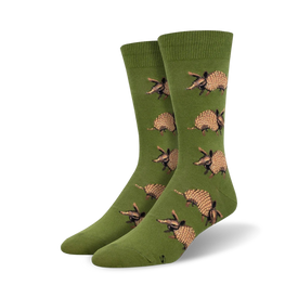 green crew socks with cartoon armadillo pattern for men   