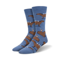 Crew socks in blue featuring brown capybaras and small birds. Fun, quirky design for a touch of whimsy!
