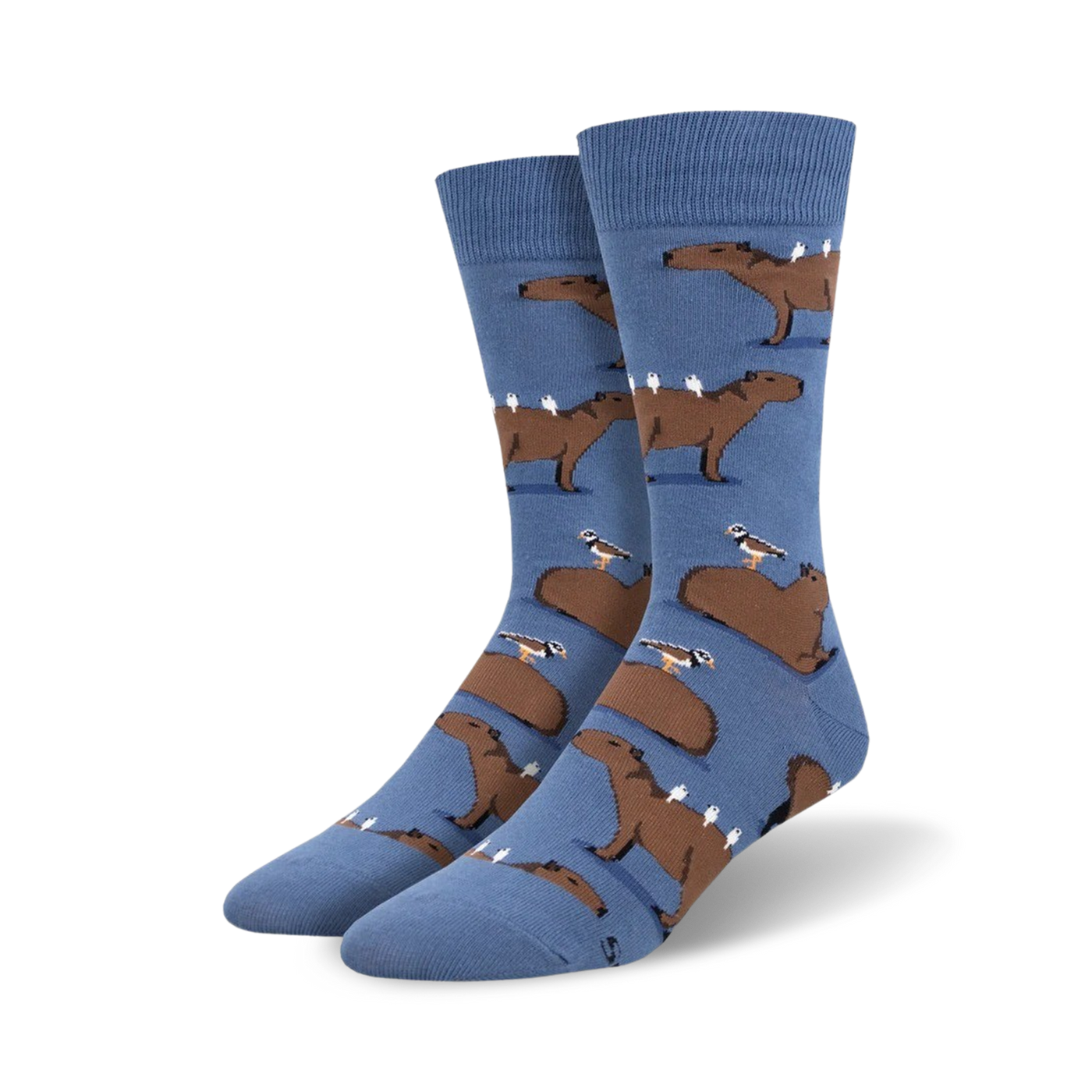 Crew socks in blue featuring brown capybaras and small birds. Fun, quirky design for a touch of whimsy!