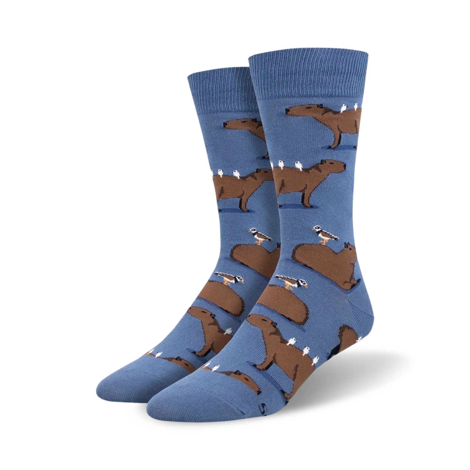 Crew socks in blue featuring brown capybaras and small birds. Fun, quirky design for a touch of whimsy!