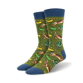 A pair of crew socks in olive green with blue cuffs. The design features a repeating pattern of hares and tortoises in a race, with small flags.