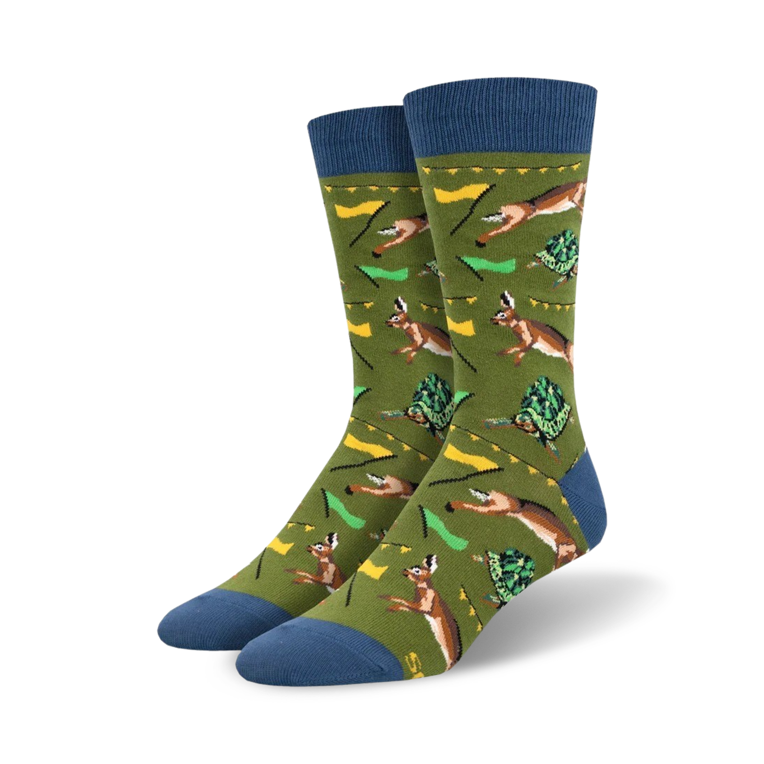 A pair of crew socks in olive green with blue cuffs. The design features a repeating pattern of hares and tortoises in a race, with small flags.