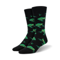 Pair of black crew socks with a repeating pattern of bright green frogs and small green grass details.