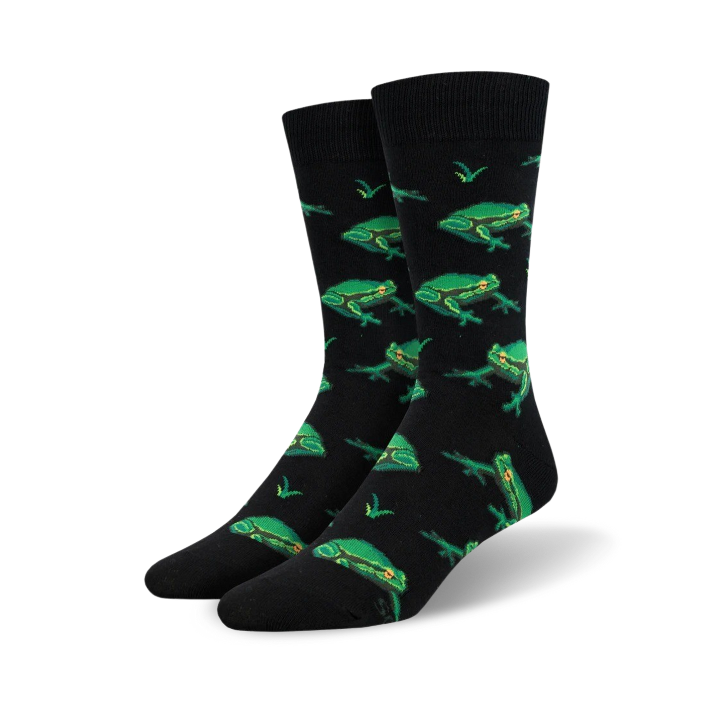 Pair of black crew socks with a repeating pattern of bright green frogs and small green grass details.