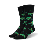 Pair of black crew socks with a repeating pattern of bright green frogs and small green grass details.