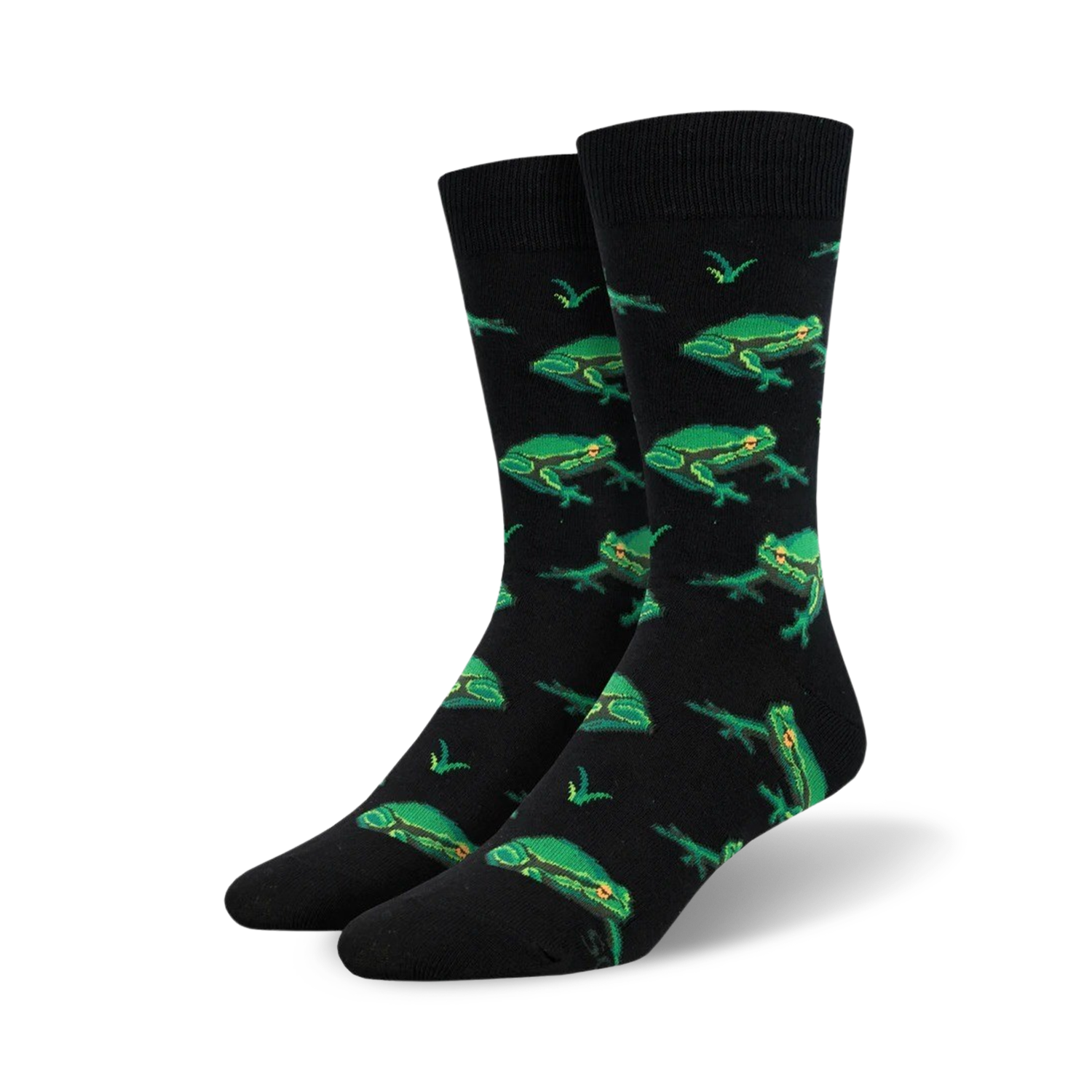 Pair of black crew socks with a repeating pattern of bright green frogs and small green grass details.