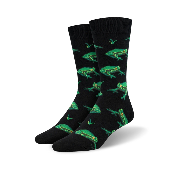 black crew socks with an all-over pattern of green frogs and yellow and white bats. mens.   }}