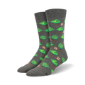 Pair of grey crew socks with a repeating pattern of dogs lounging on branches between green apple trees, and small yellow birds.