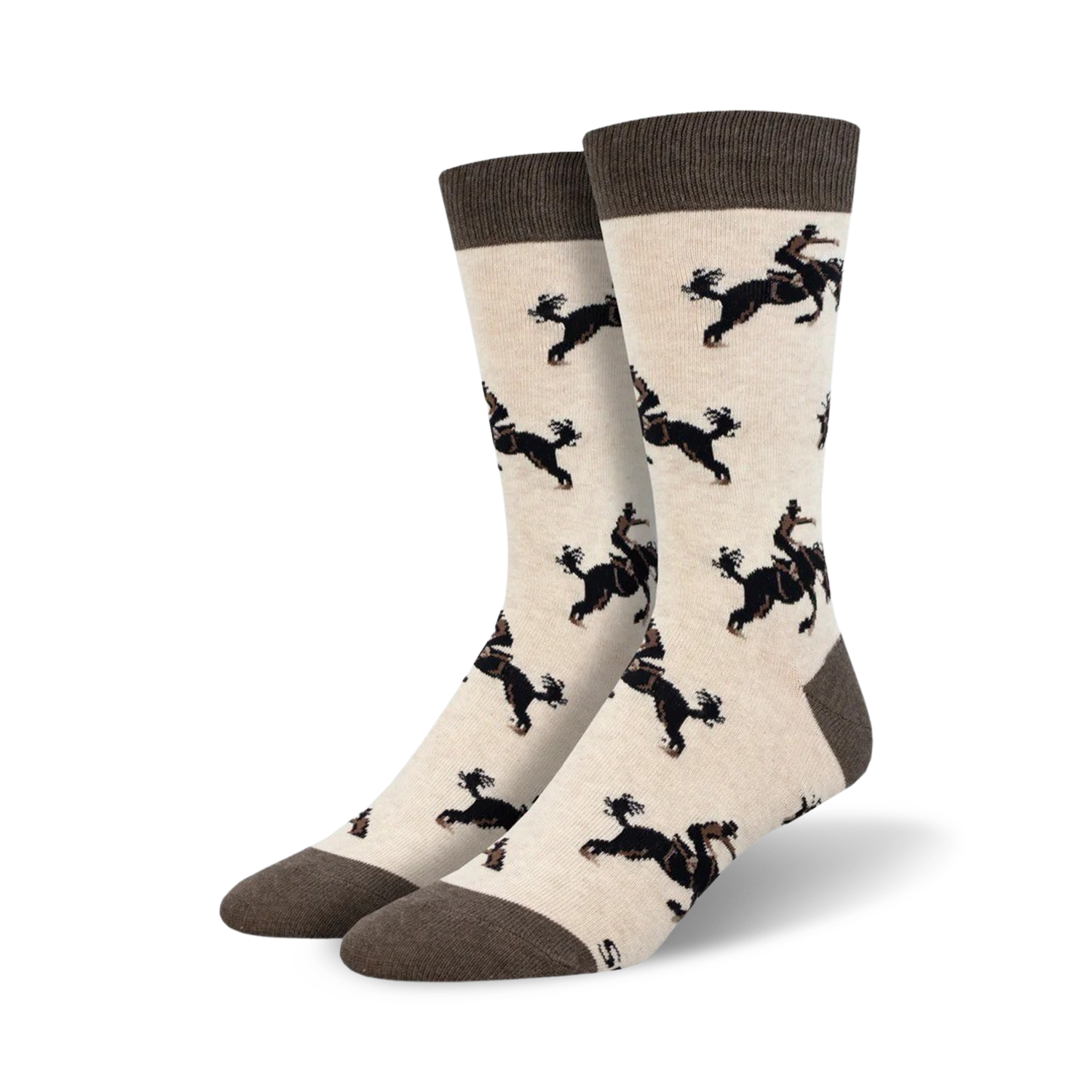 Pair of cream crew socks with a repeating pattern of black dogs riding horses. Brown cuff.