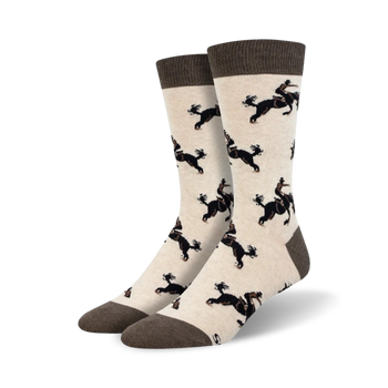 cream crew socks for men with a pattern of cowboys riding black horses.  