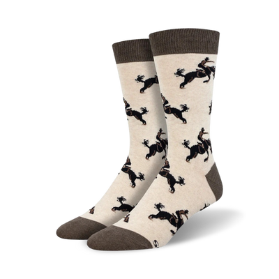 cream crew socks for men with a pattern of cowboys riding black horses.  