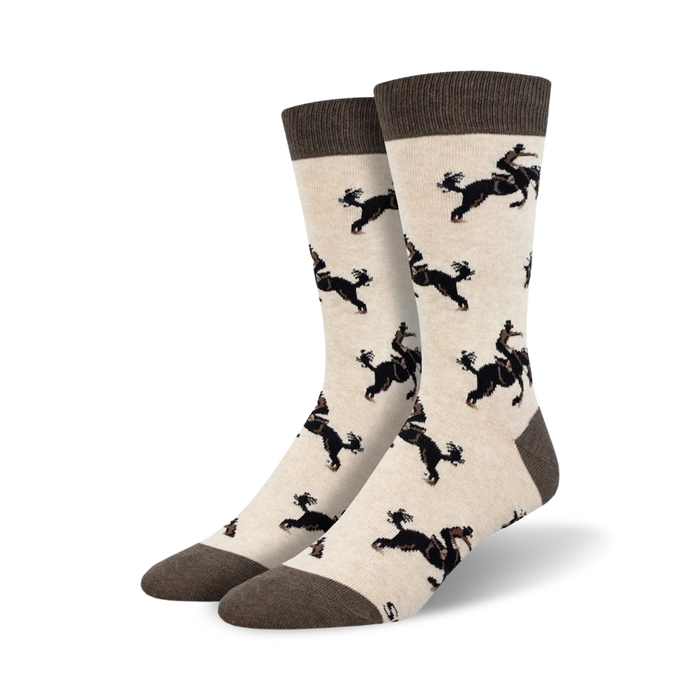 cream crew socks for men with a pattern of cowboys riding black horses.  