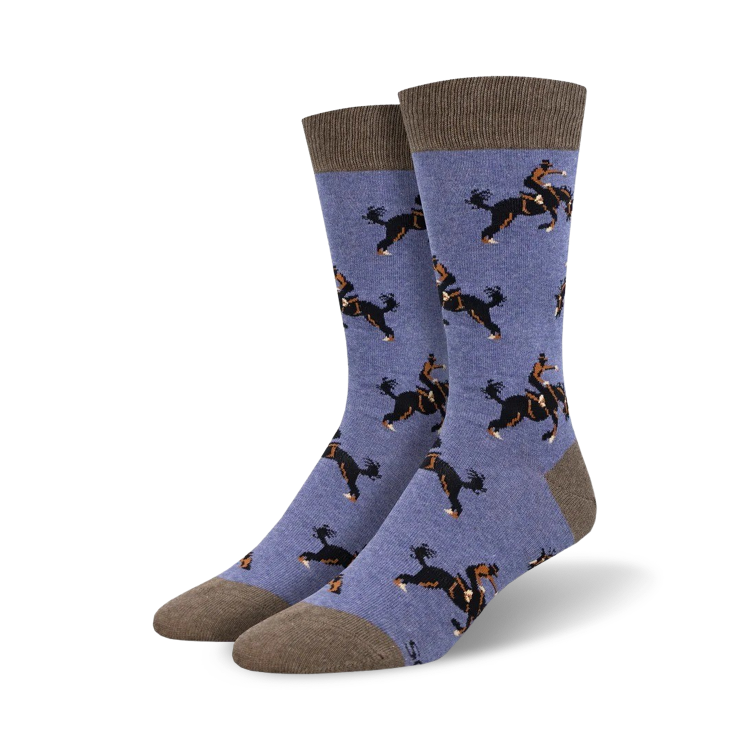 Lifestyle shot showing the periwinkle blue 'Giddy Up' socks.
