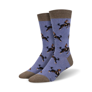 blue crew socks featuring a pattern of cowboys riding bucking horses.   