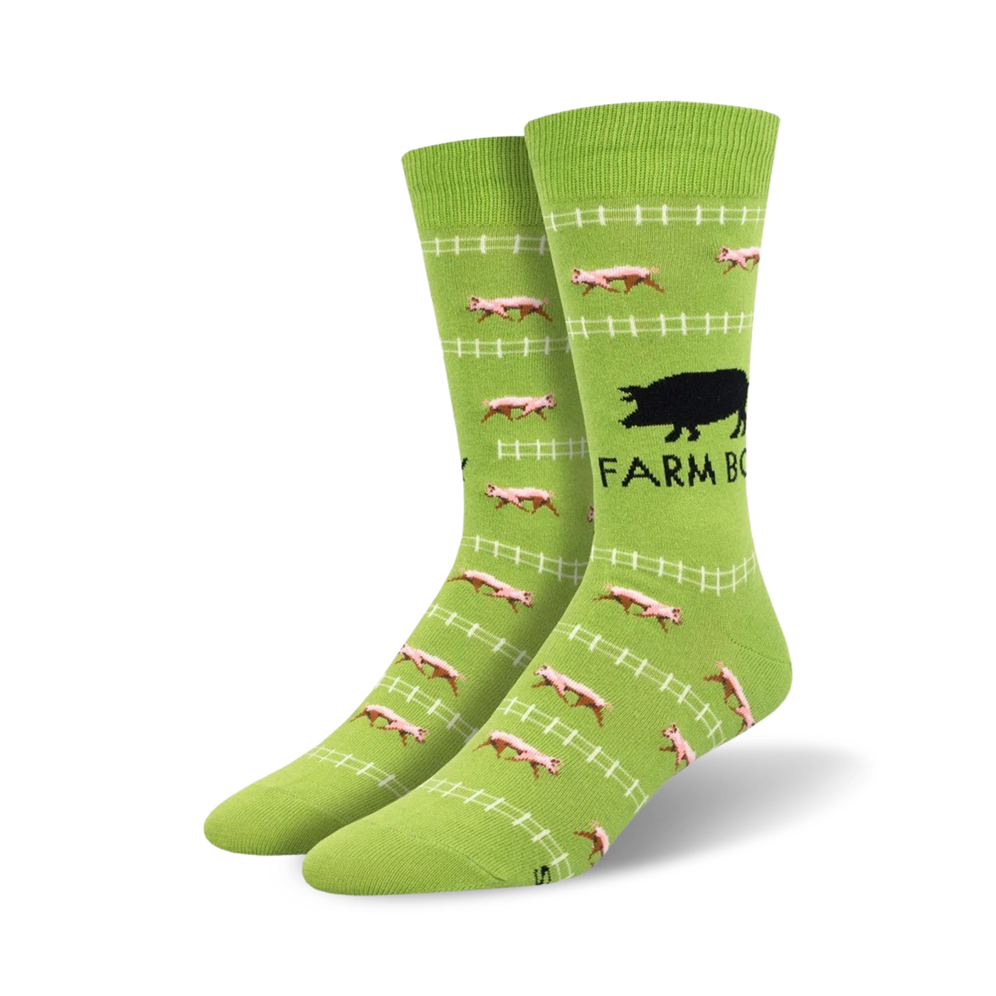 Pair of lime green crew socks. Design features pink pigs running along a white fence, with a black pig silhouette and 'Farm Boy' text.