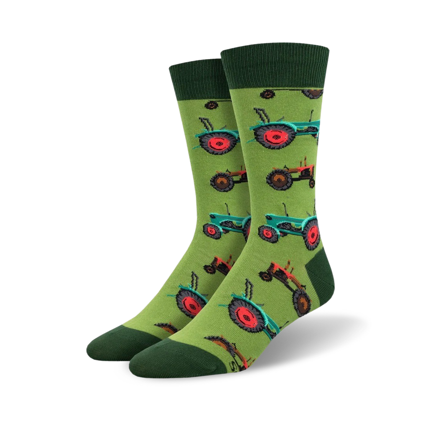 A pair of crew socks on a white background. The socks are lime green with a repeating pattern of teal and red tractors.
