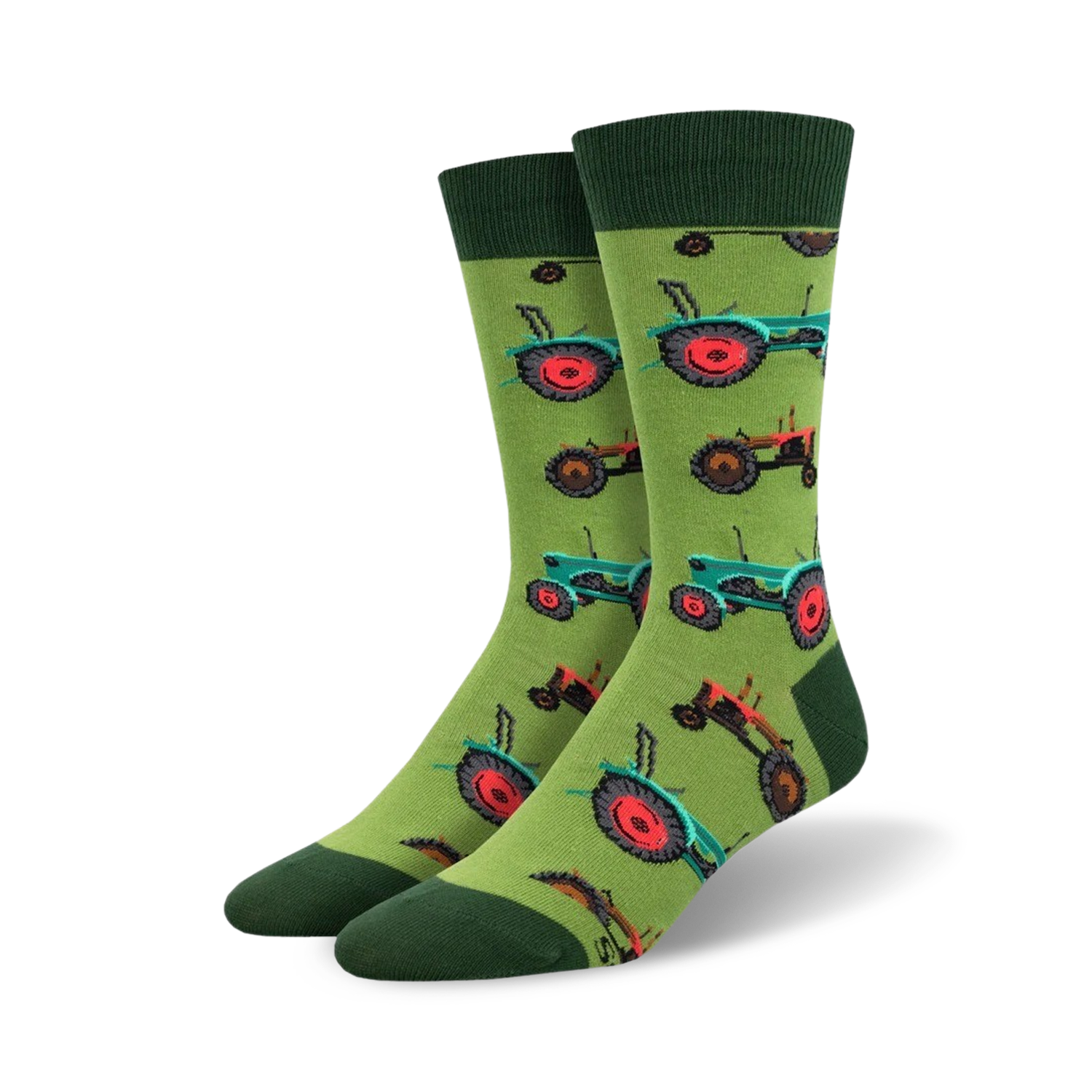 A pair of crew socks on a white background. The socks are lime green with a repeating pattern of teal and red tractors.
