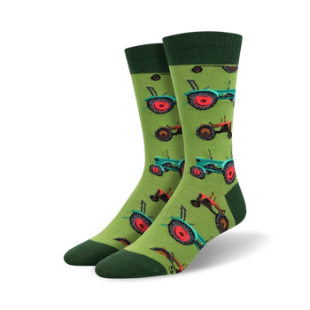 green crew socks with pattern of red tractors. perfect gift for tractor fans.   