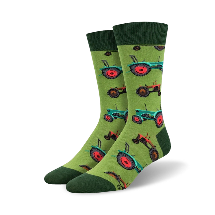 green crew socks with pattern of red tractors. perfect gift for tractor fans.    }}