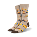 Beige crew socks with repeating illustrations of yellow construction vehicles like bulldozers, excavators, and dump trucks. Brown heel and toe.