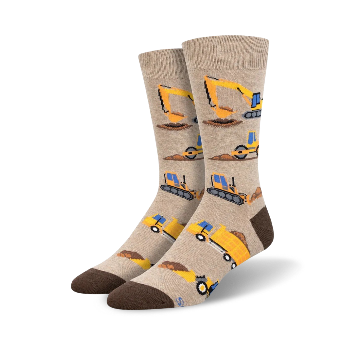 Beige crew socks with repeating illustrations of yellow construction vehicles like bulldozers, excavators, and dump trucks. Brown heel and toe.