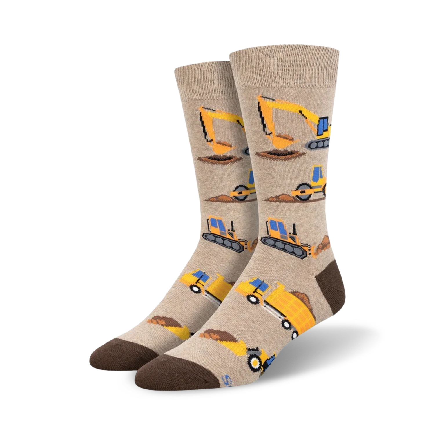 Beige crew socks with repeating illustrations of yellow construction vehicles like bulldozers, excavators, and dump trucks. Brown heel and toe.
