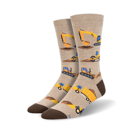 beige crew socks with yellow construction vehicles pattern for men.   
