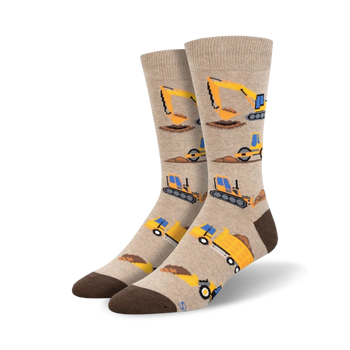 beige crew socks with yellow construction vehicles pattern for men.   