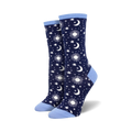 Pair of navy blue crew socks with a pattern of white moons, suns, and stars. Light blue cuffs.