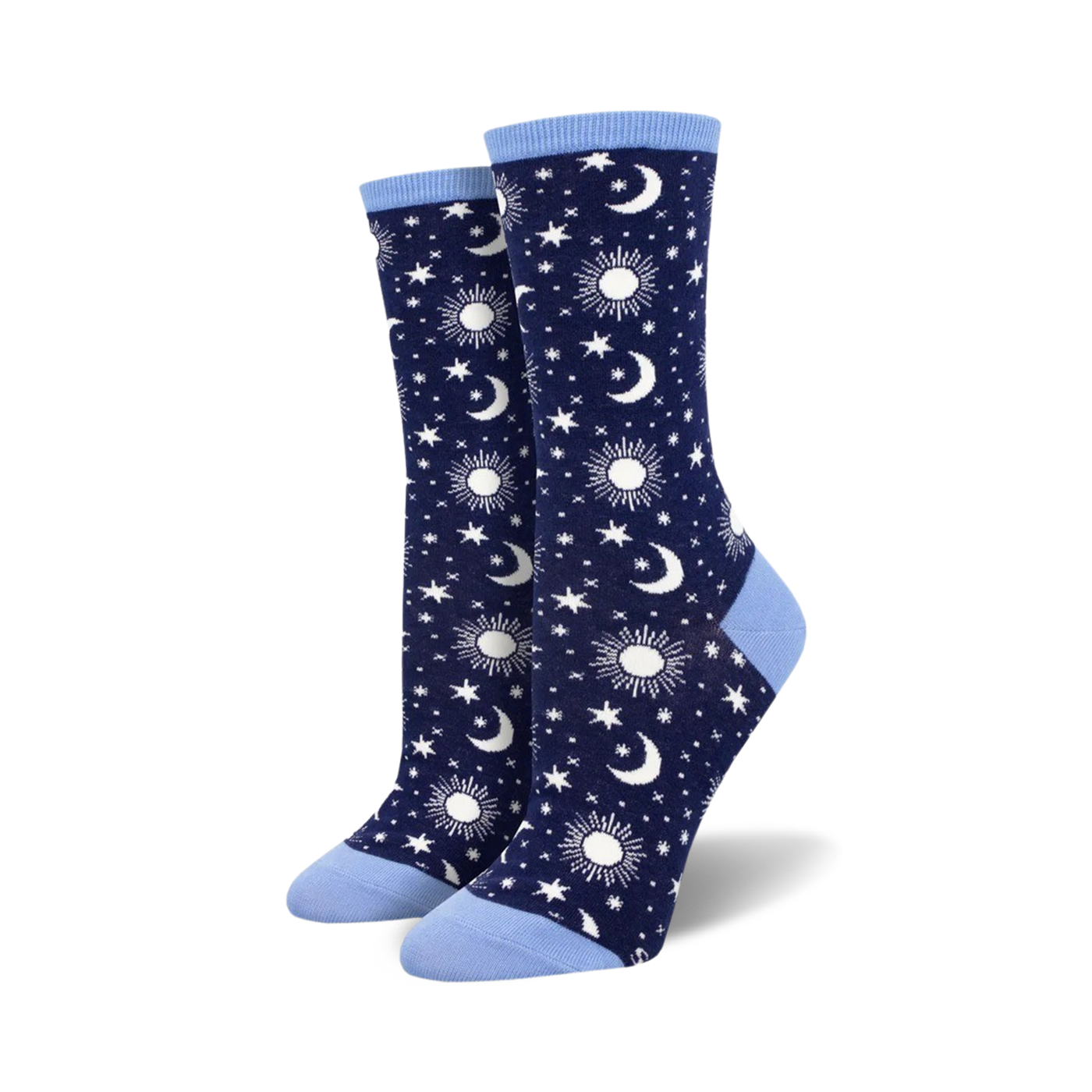 Pair of navy blue crew socks with a pattern of white moons, suns, and stars. Light blue cuffs.