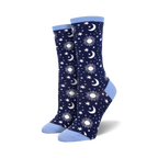 Pair of navy blue crew socks with a pattern of white moons, suns, and stars. Light blue cuffs.