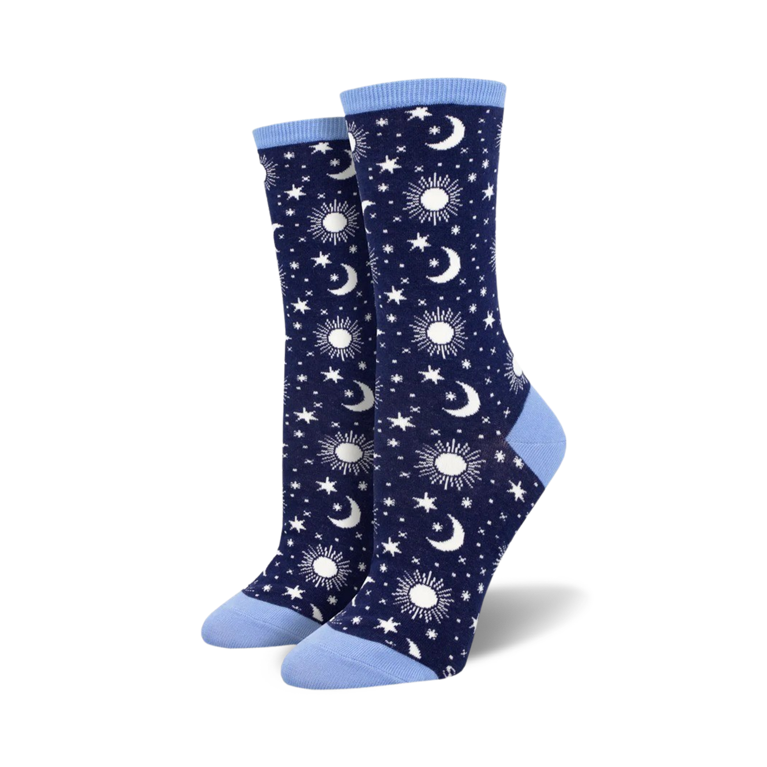 Pair of navy blue crew socks with a pattern of white moons, suns, and stars. Light blue cuffs.