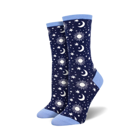 women's moon themed socks with navy and light blue hues and a pattern of white stars, suns, and moons.  