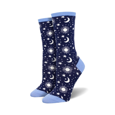 women's moon themed socks with navy and light blue hues and a pattern of white stars, suns, and moons.  