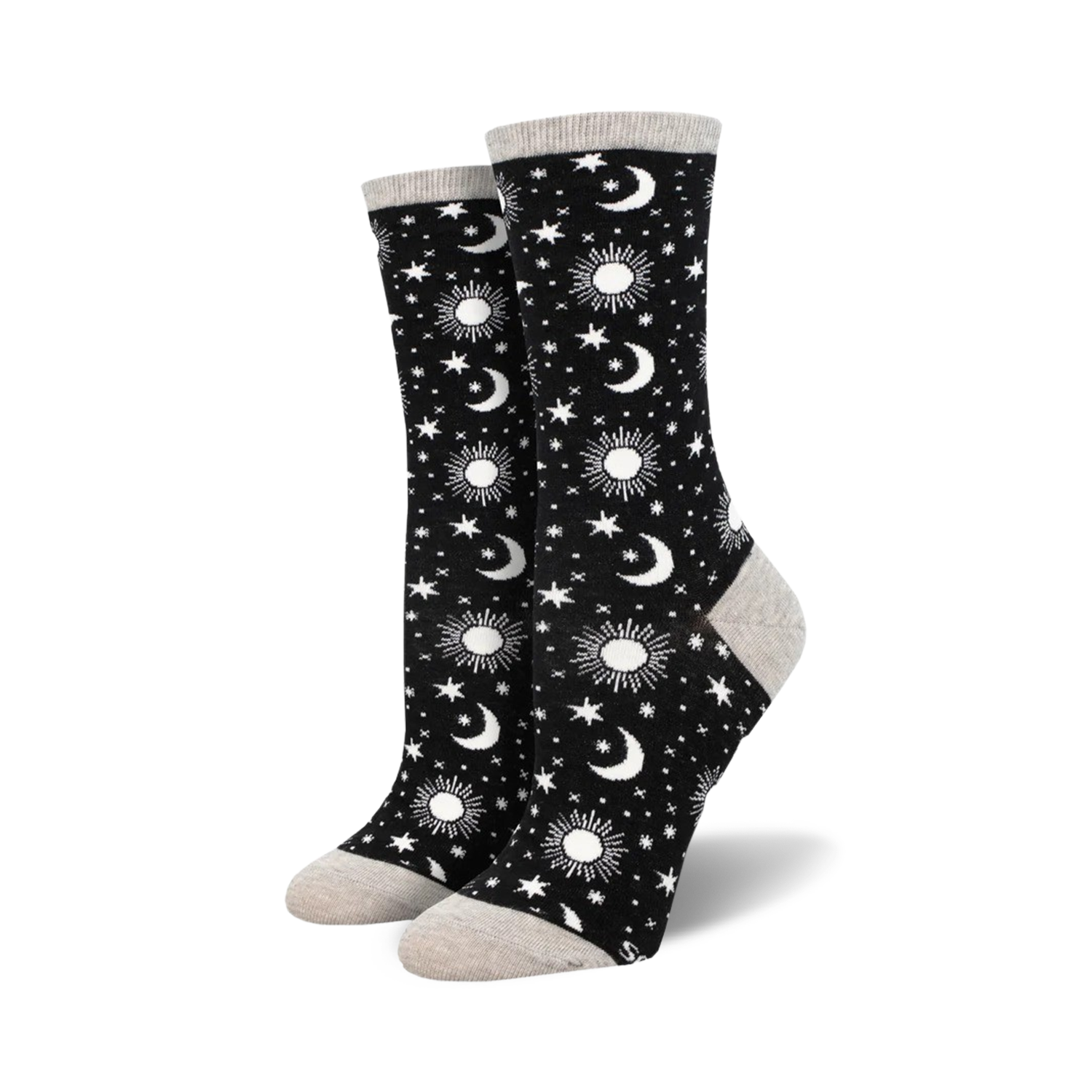 Lifestyle shot showing the black Moon Child socks on a person's feet, emphasizing the sock's fit and style.